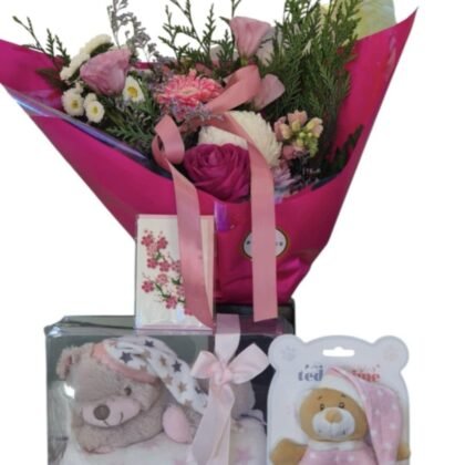 Baby Snuggle ( Posy jar, Blanket & Soft toy Set, Ring Rattle & Hand Made Quill Card )